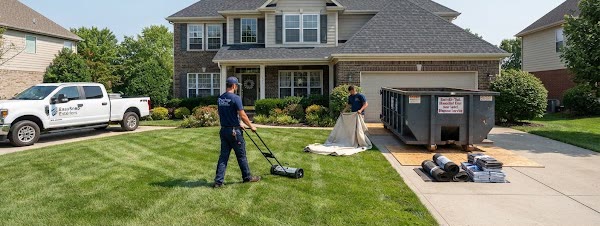 Crew sweeping the lawn for nails after the roof job, with the dumpster in the driveway